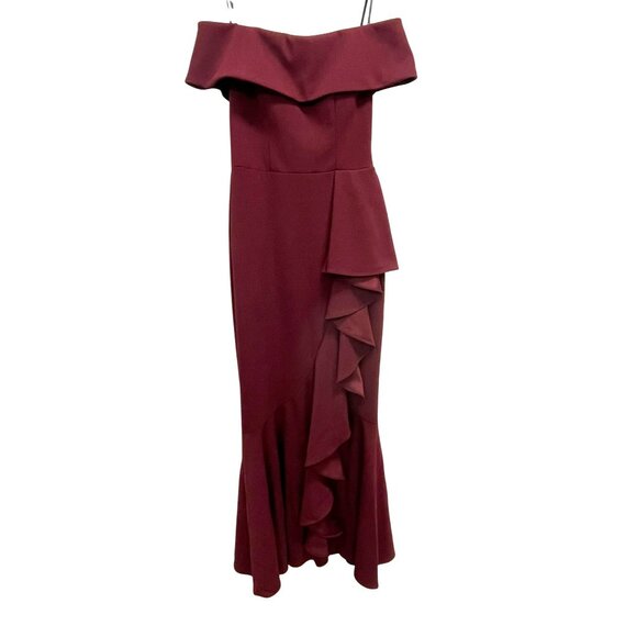 XSCAPE Evening Gown Off The Shoulder Burgundy Size 2P Ruffled High Slit NEW $249 - Picture 3 of 7